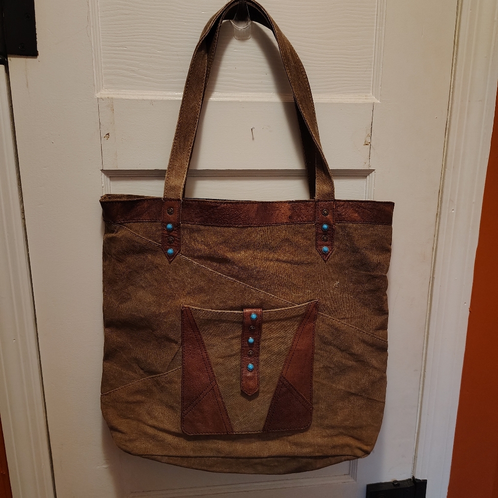 Mona B Stylish Brown Leather Tote Bag With Turquoise Accents